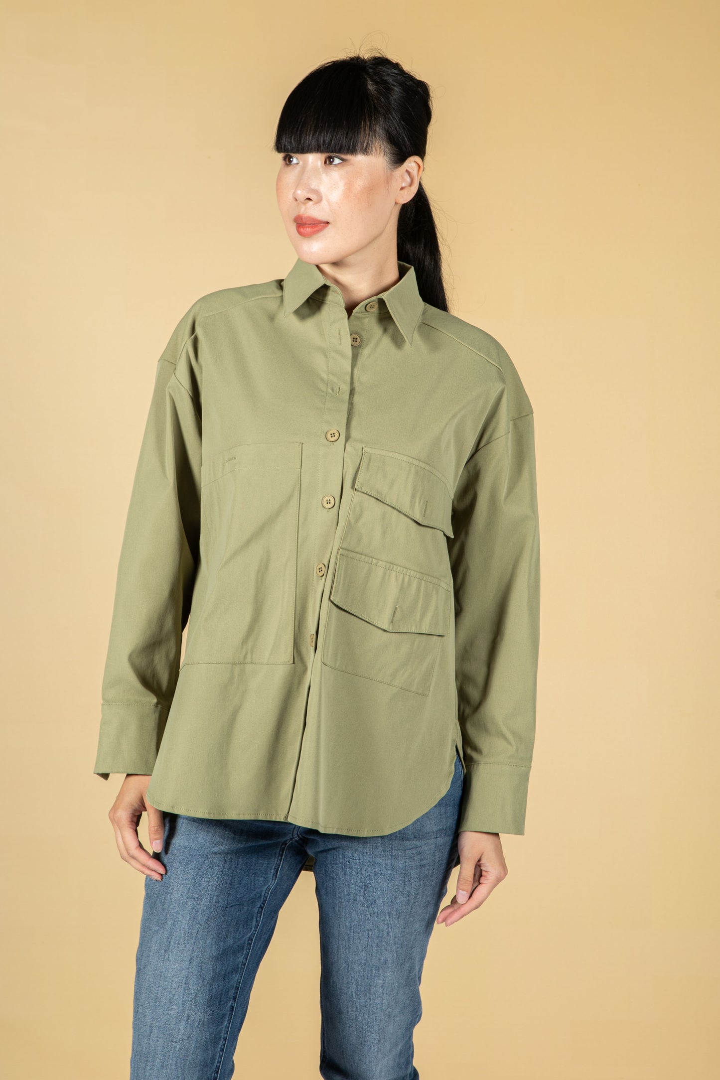 Utility style button shirt in khaki