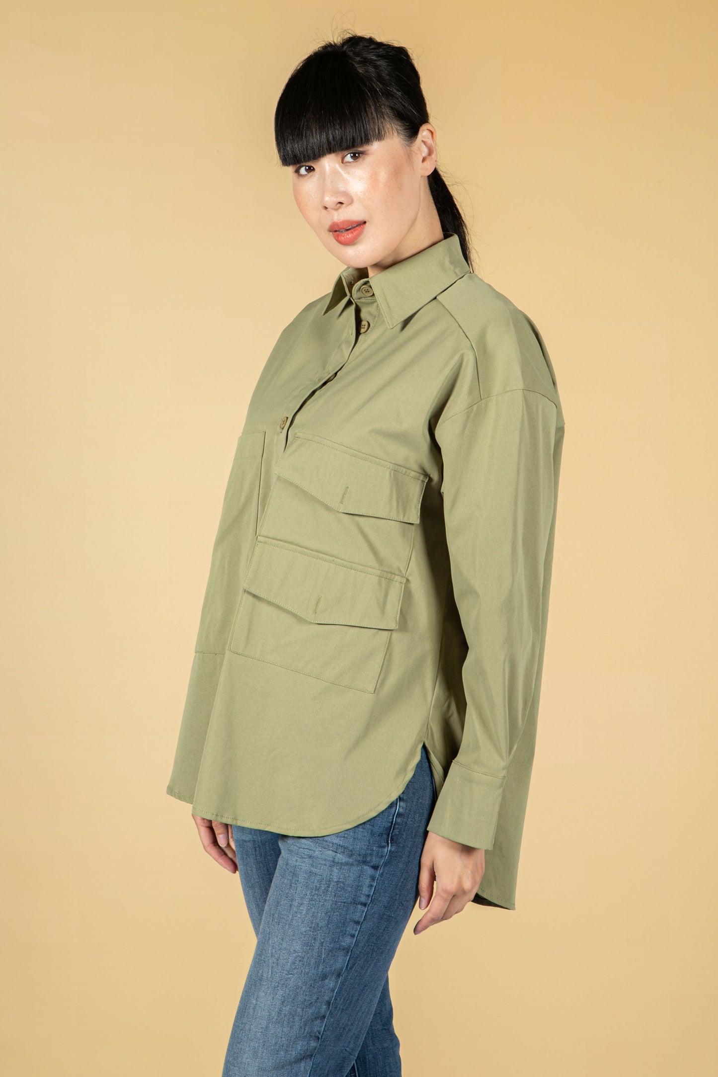 Utility style button shirt in khaki