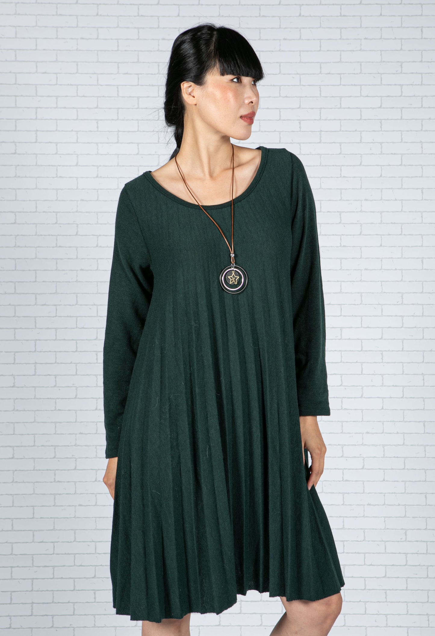 Pleated Knit Dress in Bottle Green