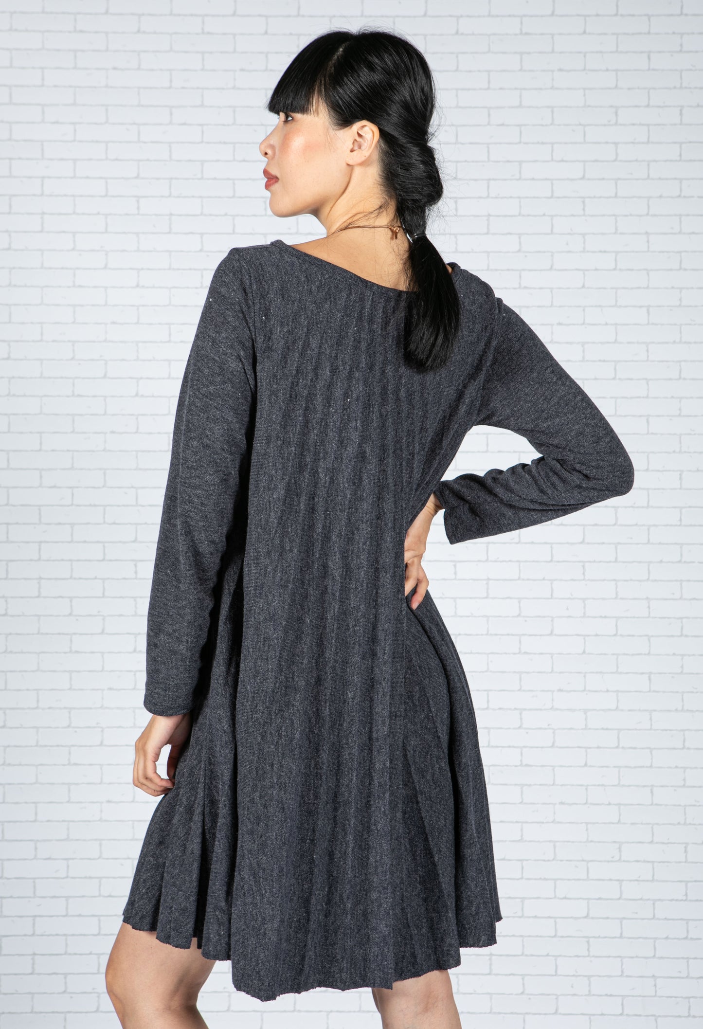 Pleated Knit Dress in Peppered Navy