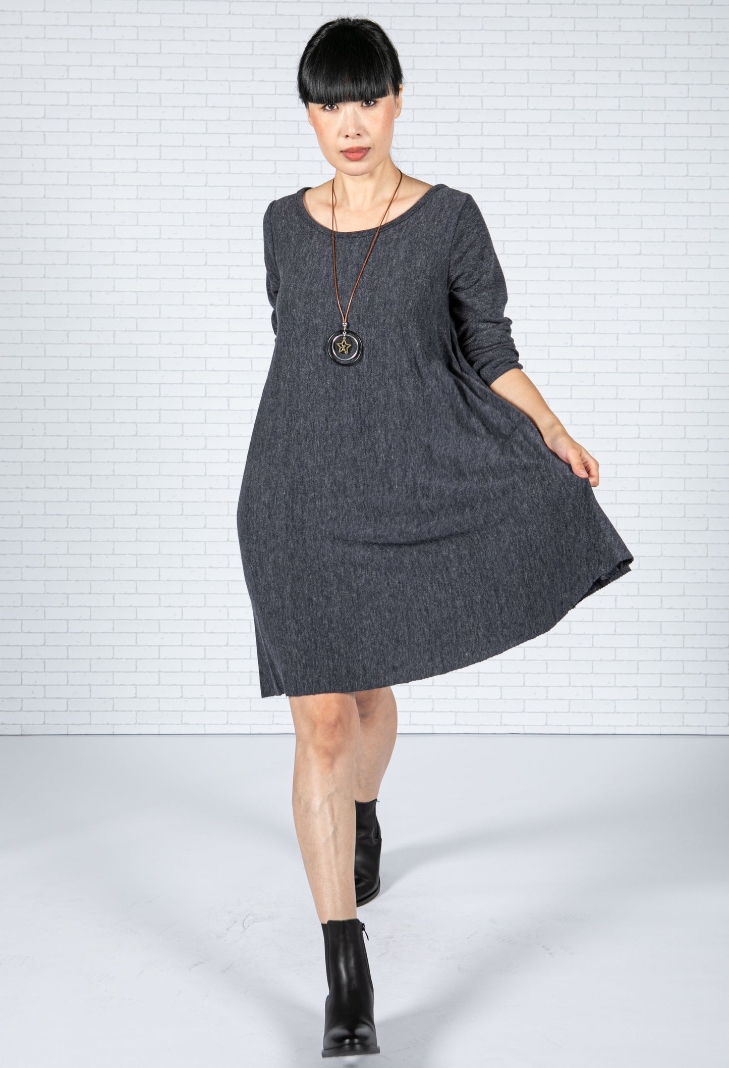 Pleated Knit Dress in Peppered Navy