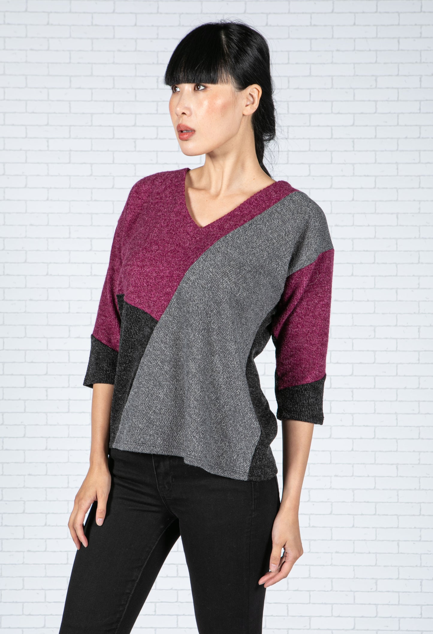 Rose Wine Colour Block Knit Top