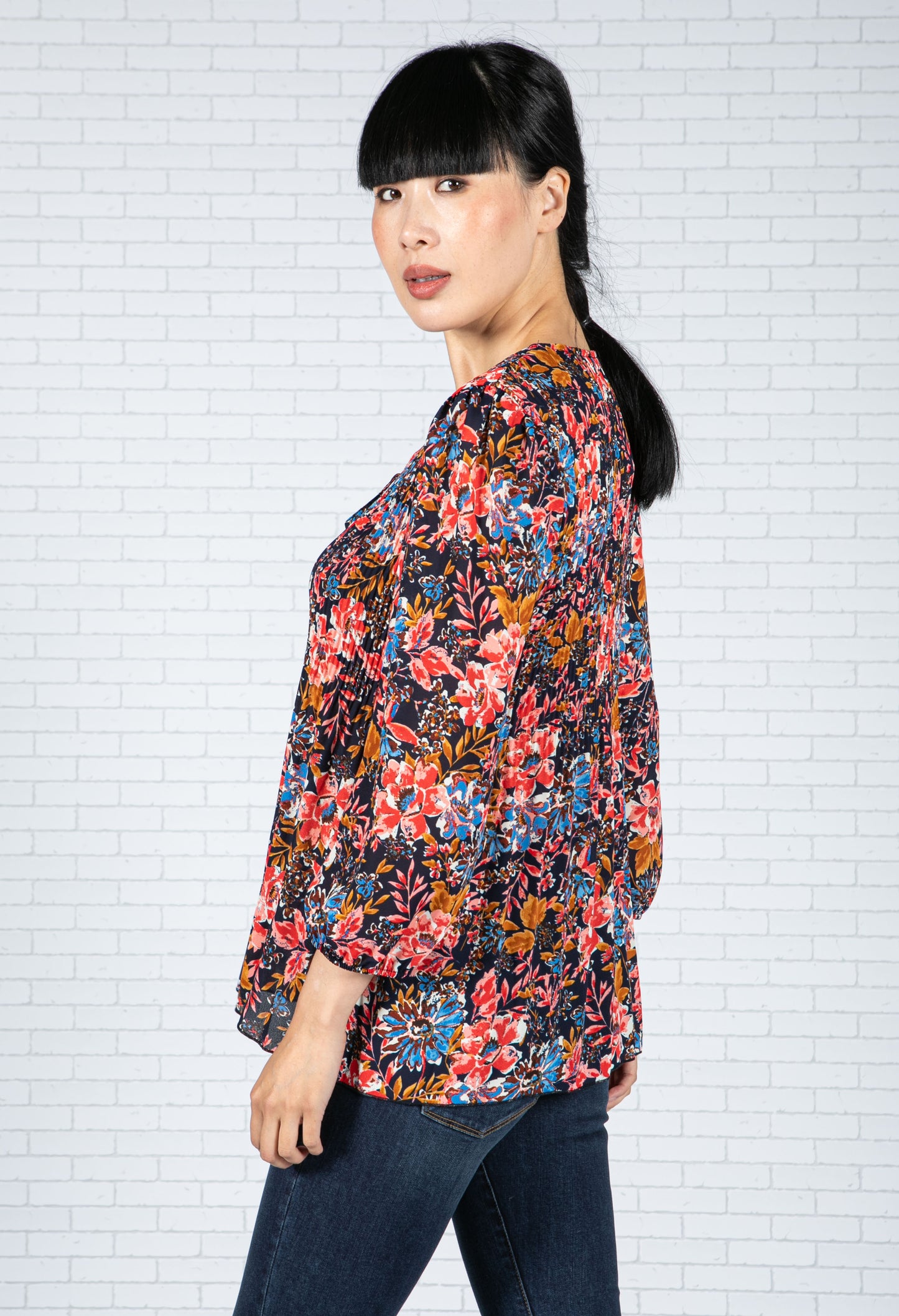 Floral Print Pleated Blouse