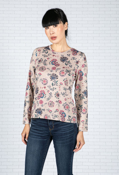 Floral Print Long Sleeve Top in Beige