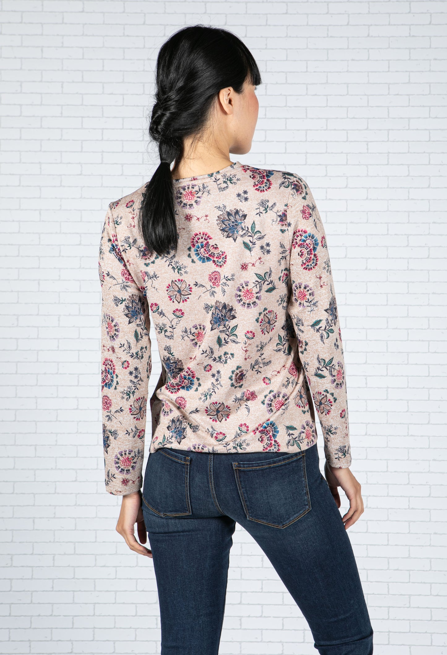 Floral Print Long Sleeve Top in Beige