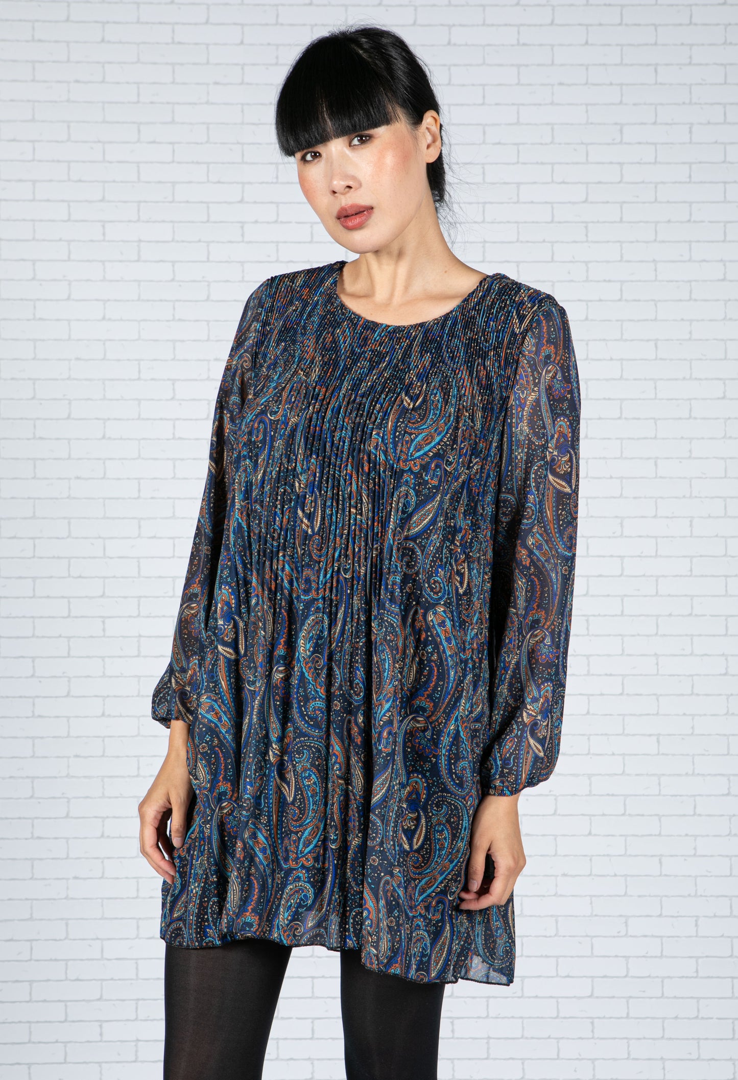 Paisley Print Pleated Dress in Navy