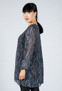 Paisley Print Pleated Dress in Navy