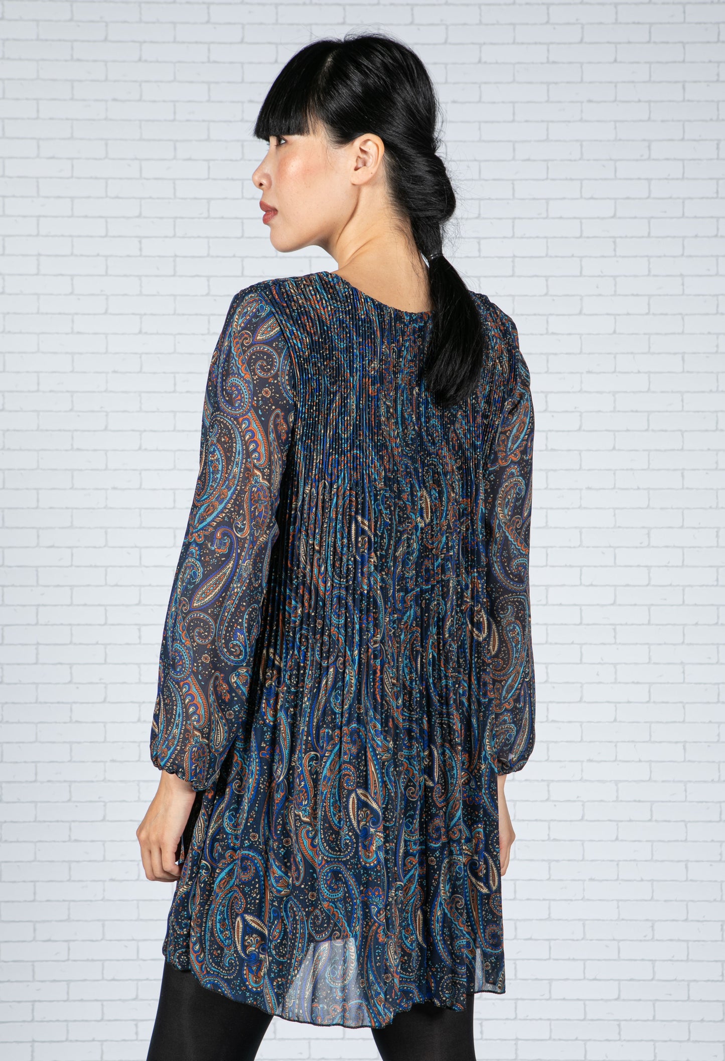 Paisley Print Pleated Dress in Navy