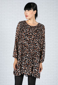 Animal Print Pleated Dress in Black & Brown