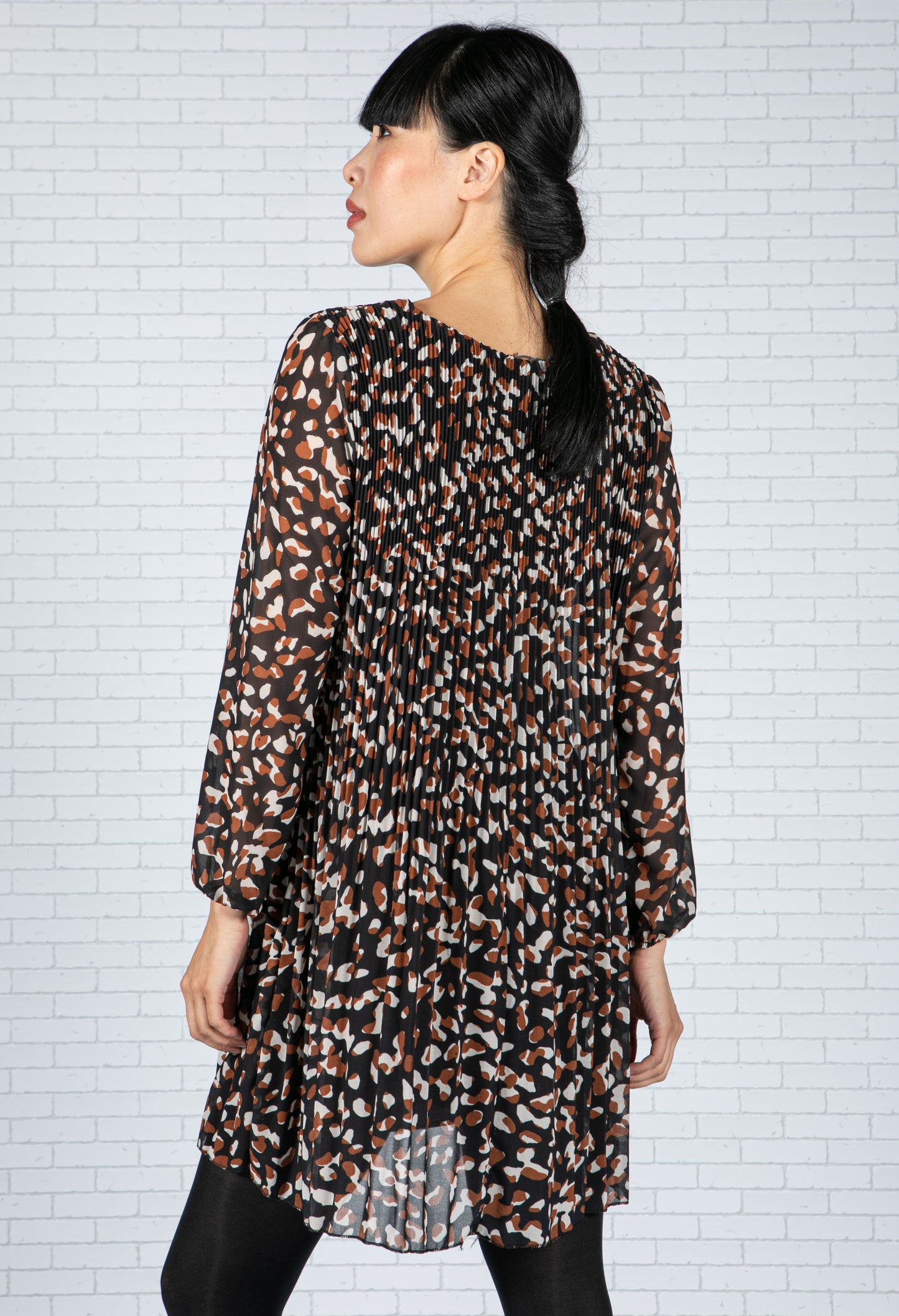 Animal Print Pleated Dress in Black & Brown