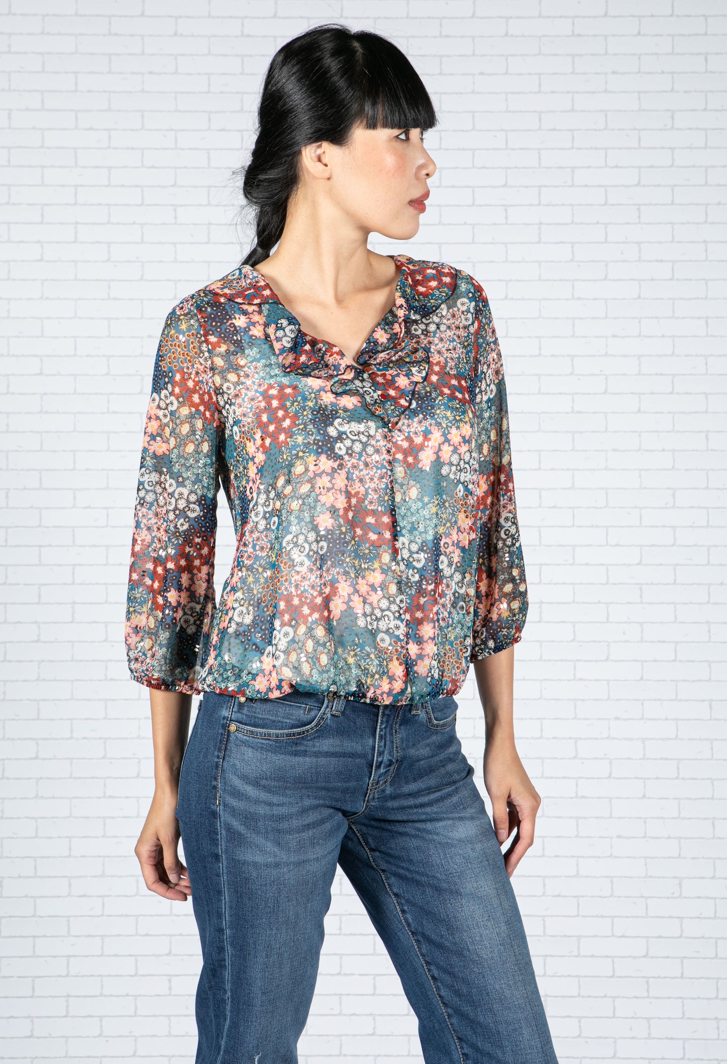 Sheer Floral Pop Top in Blue