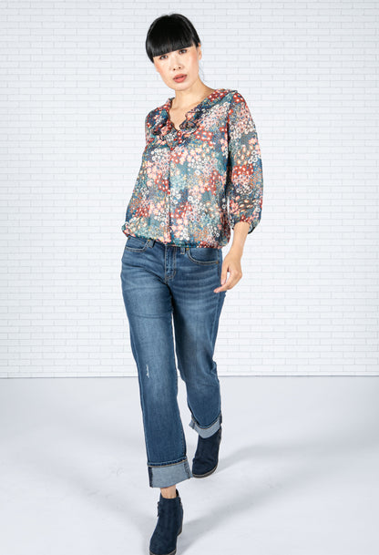 Sheer Floral Pop Top in Blue