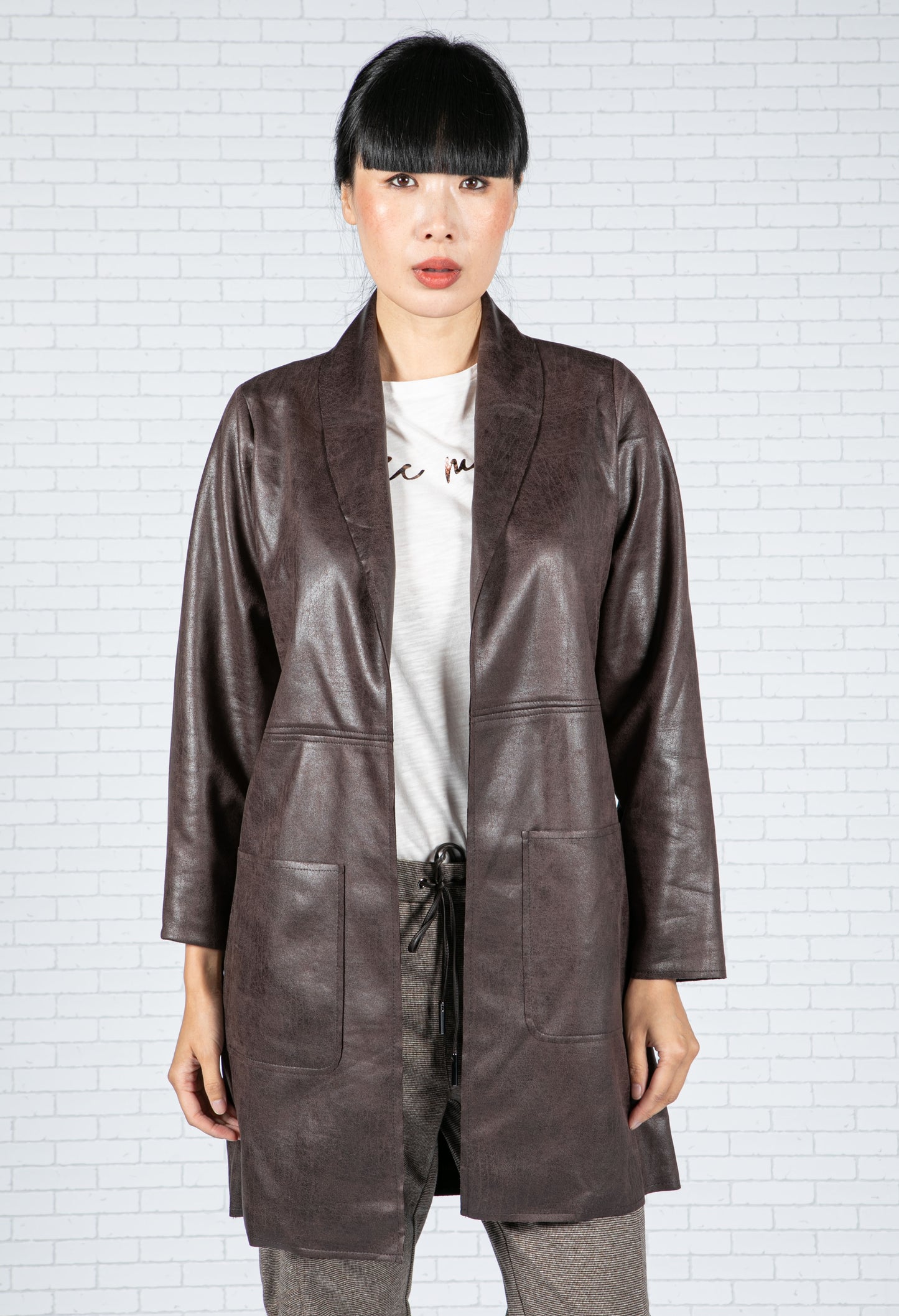 Leather Look Open Jacket in Mahogany