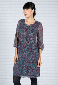 Printed Plisse Dress in Navy