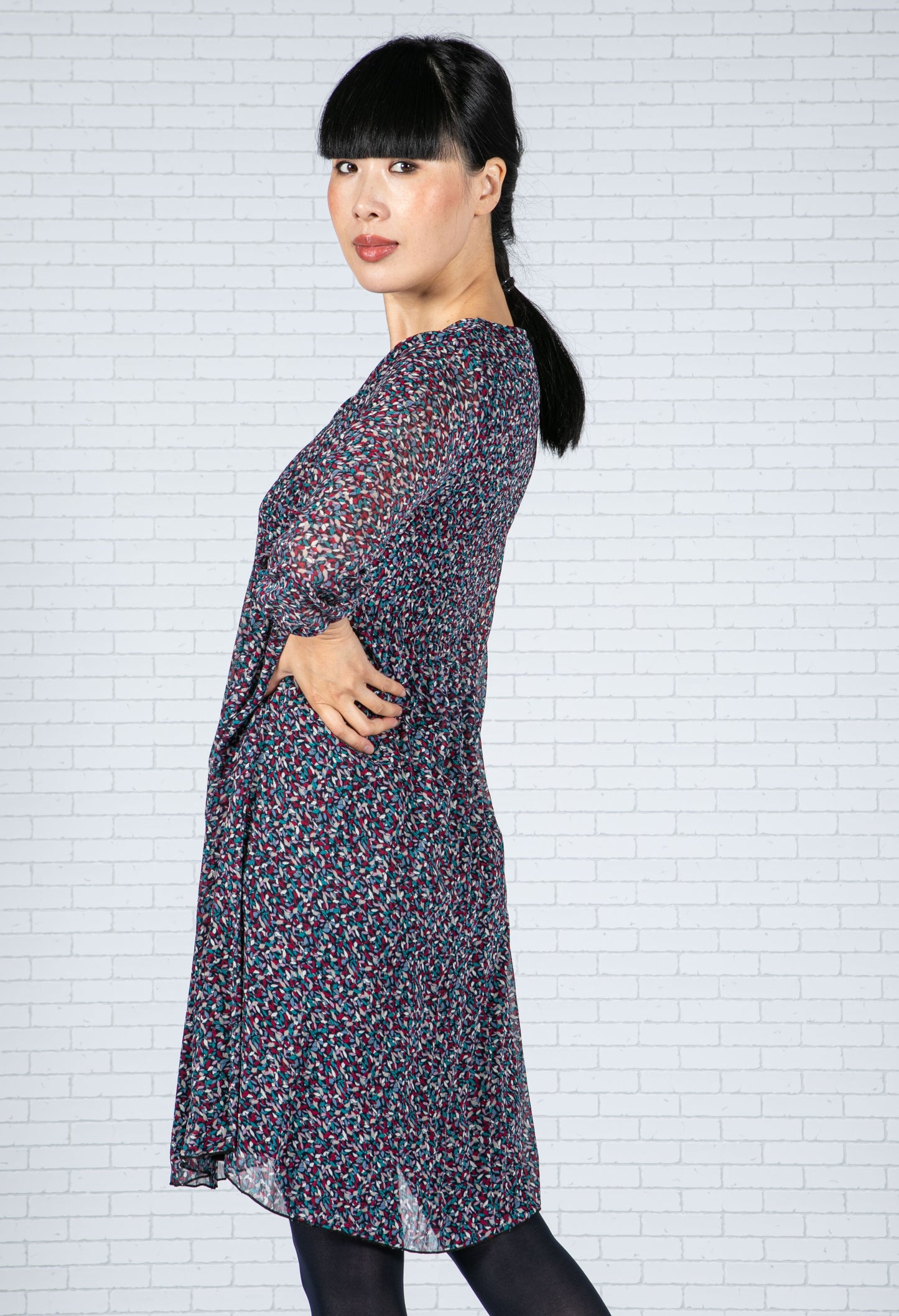 Printed Plisse Dress in Navy