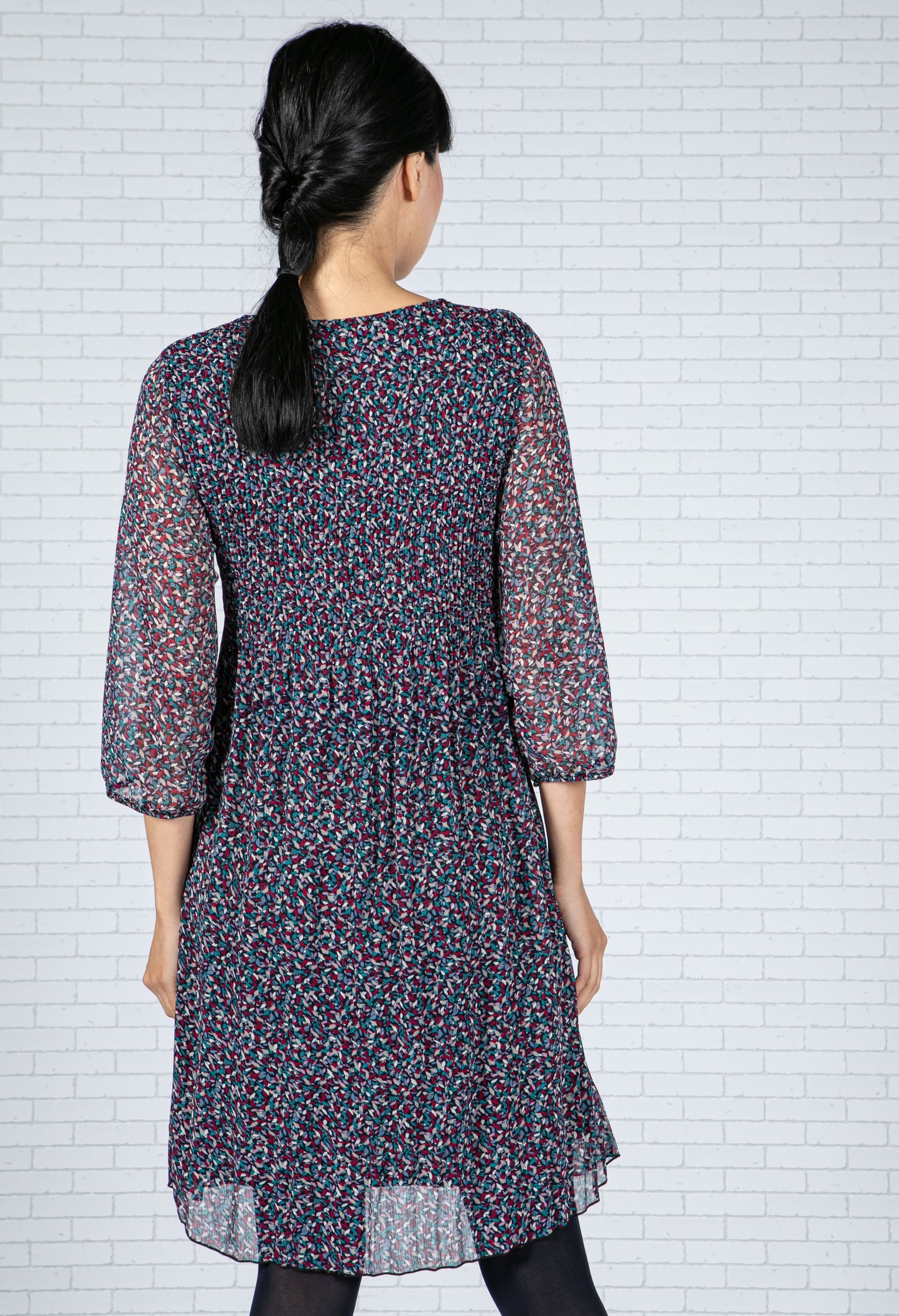 Printed Plisse Dress in Navy