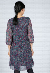 Printed Plisse Dress in Navy