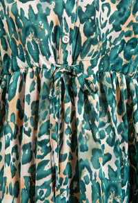 Leopard Print Tiered Shirt Dress In Teal