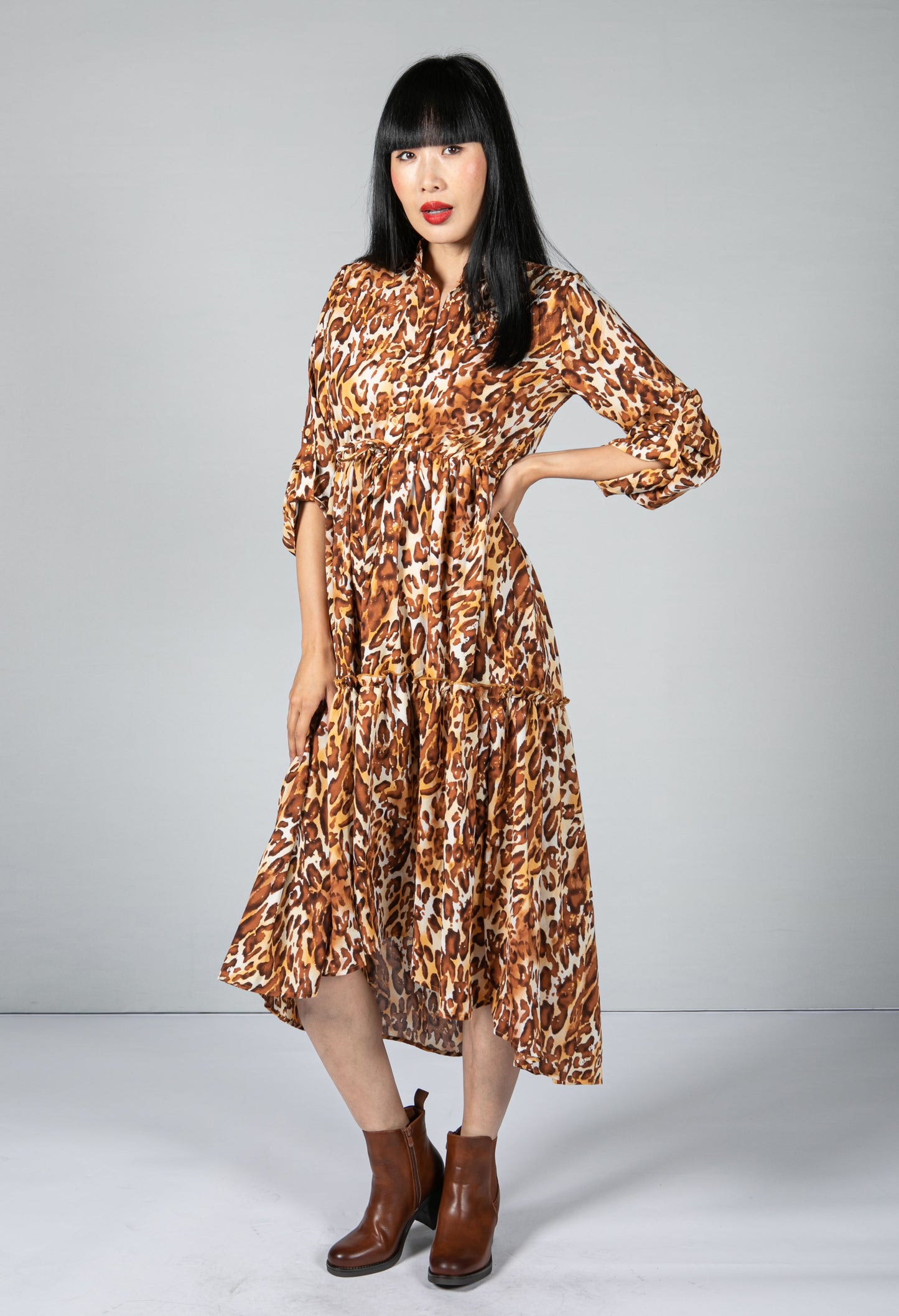 Leopard Print Tiered Shirt Dress In Brown