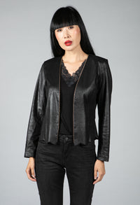 Faux Vintage Leather Jacket with Gold Bead Embellishment