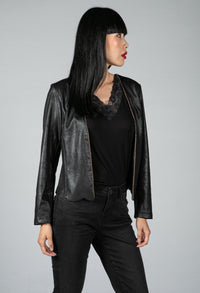 Faux Vintage Leather Jacket with Gold Bead Embellishment