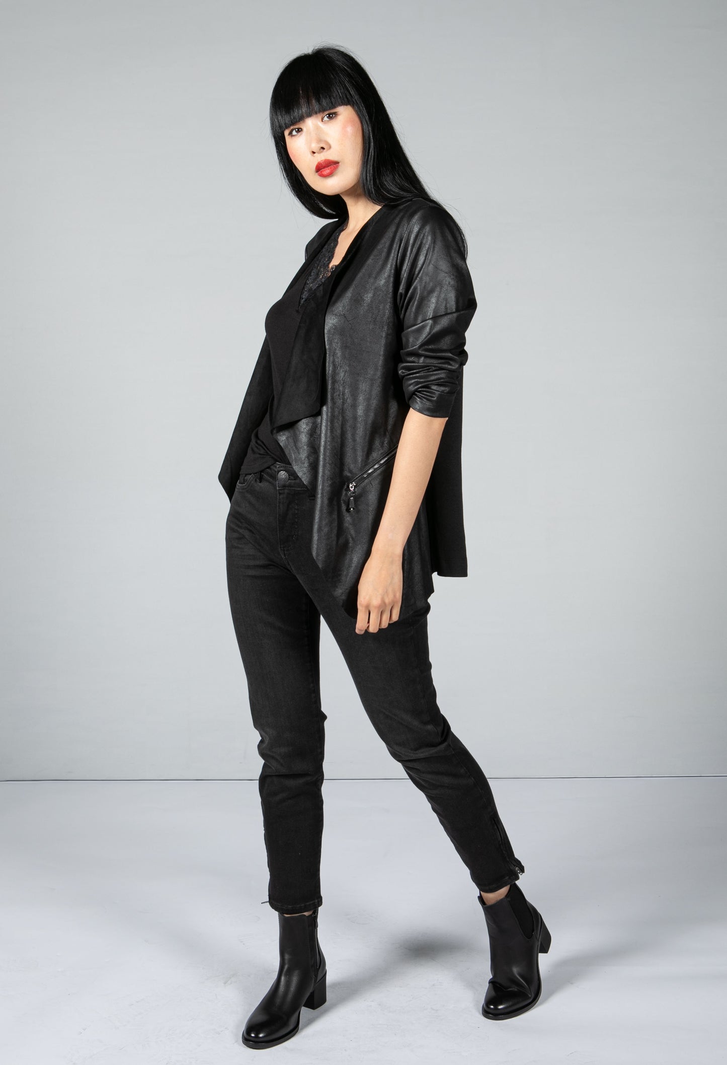 Faux Vintage Leather Look Jacket in Black