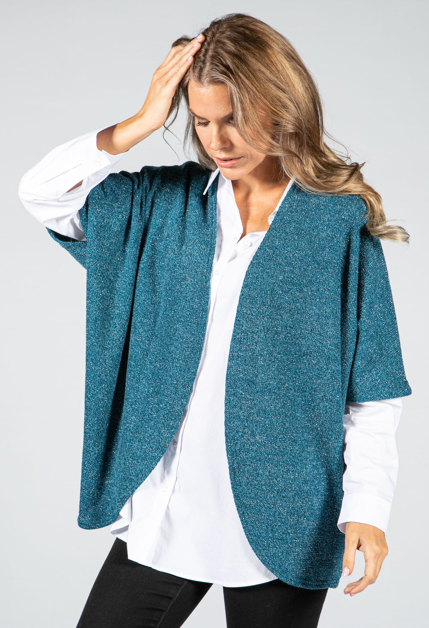 Lurex Knit Cardi in Teal