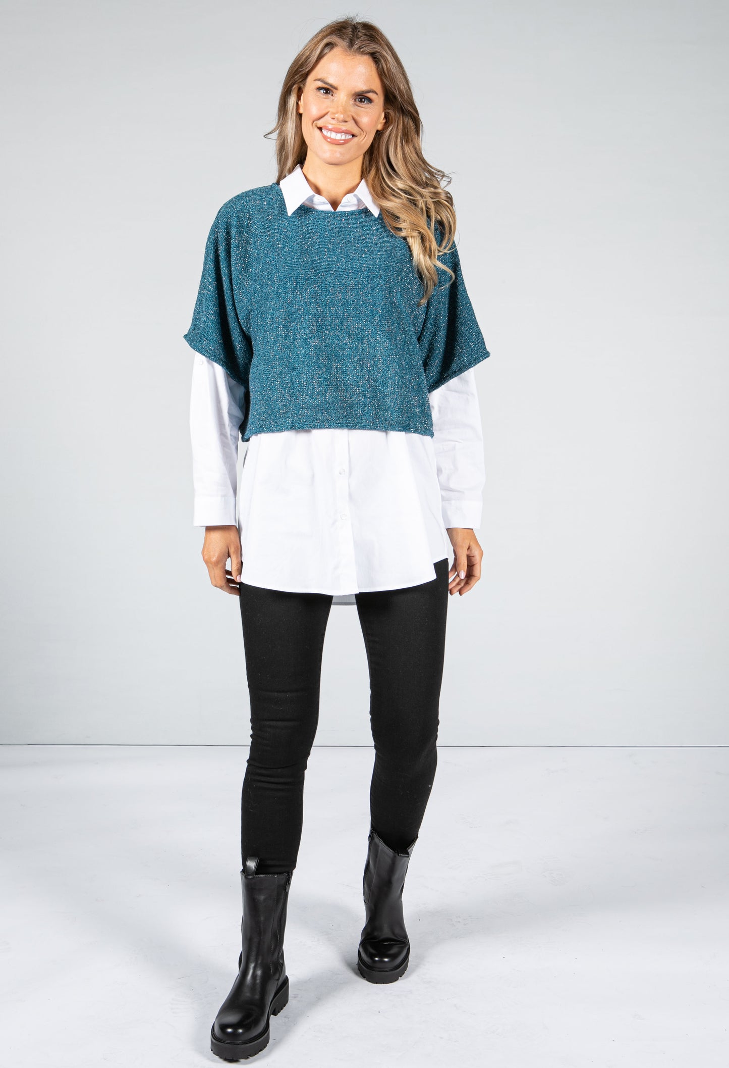 Lurex Knit Pullover in Teal