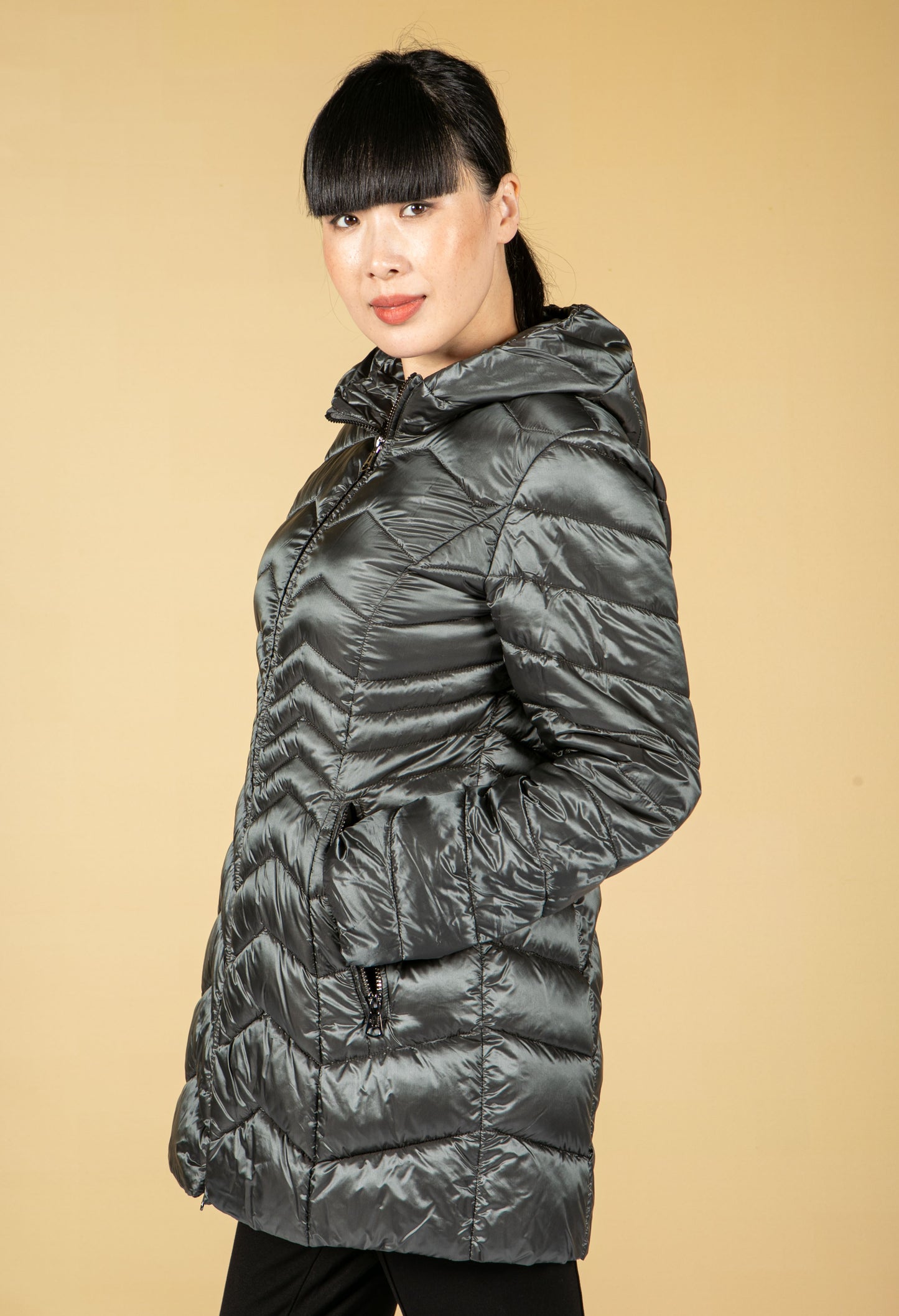 Quilted Hooded Coat in Cool Graphite