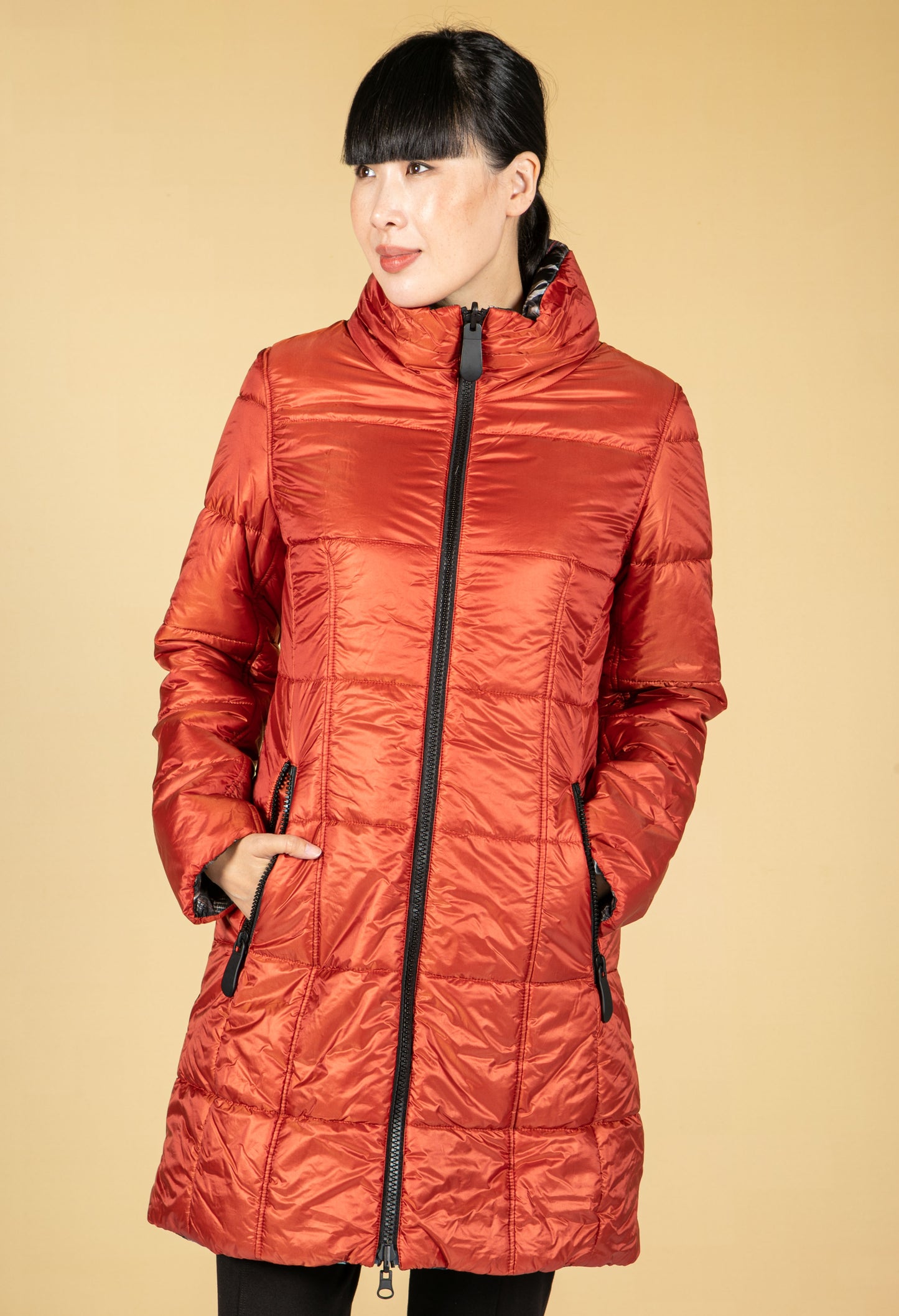 Reversible Quilted Long Coat in Orange/Animal Check Print