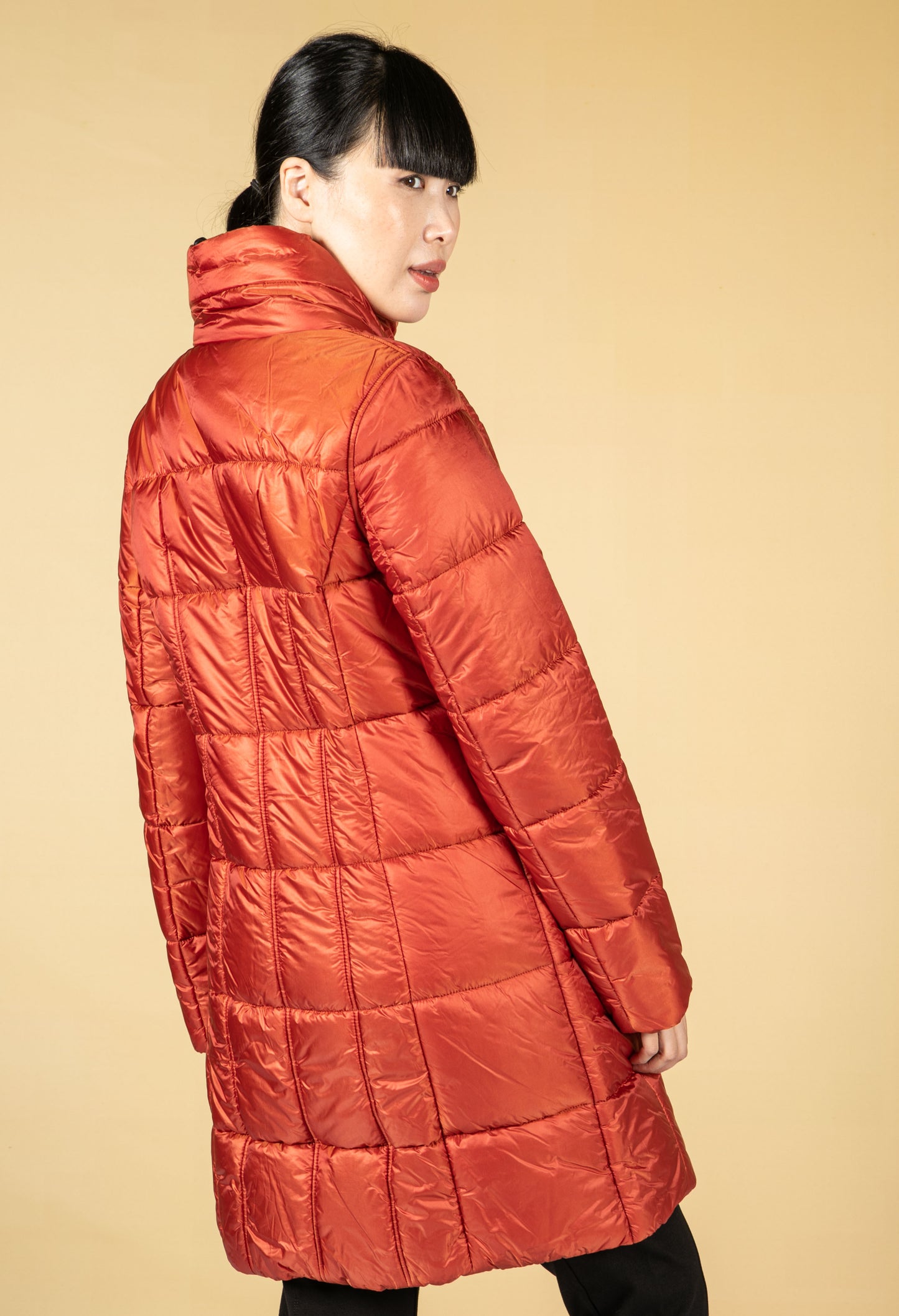 Reversible Quilted Long Coat in Orange/Animal Check Print