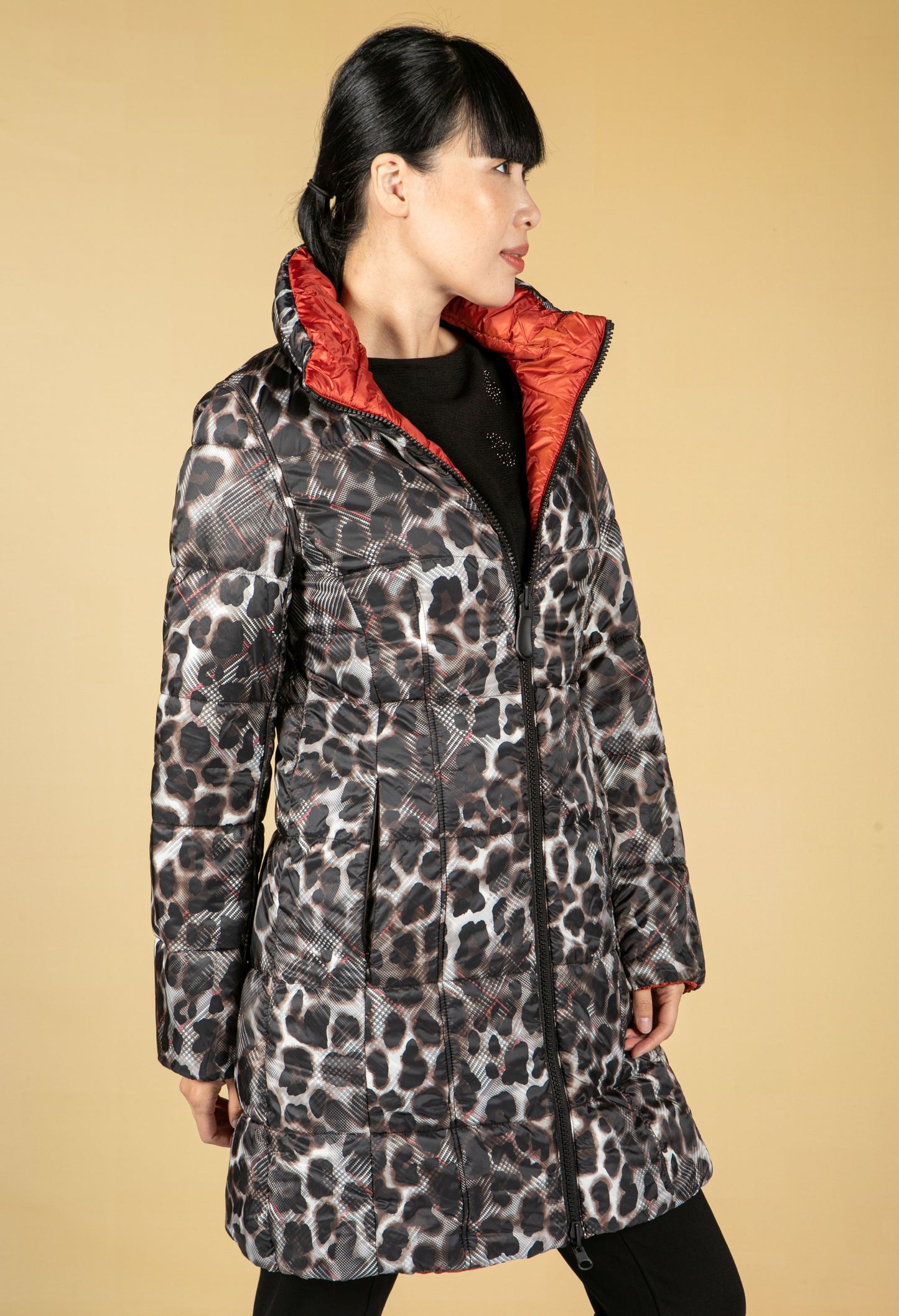 Reversible Quilted Long Coat in Orange/Animal Check Print