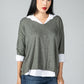 V neck Jumper With Shirt Detail in Moss Green