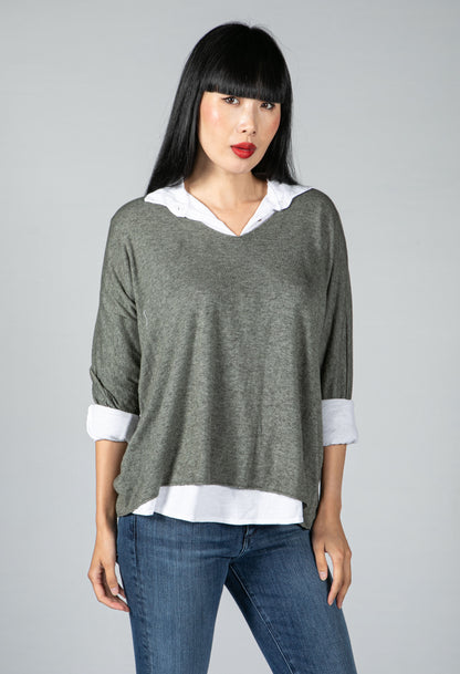 V neck Jumper With Shirt Detail in Moss Green