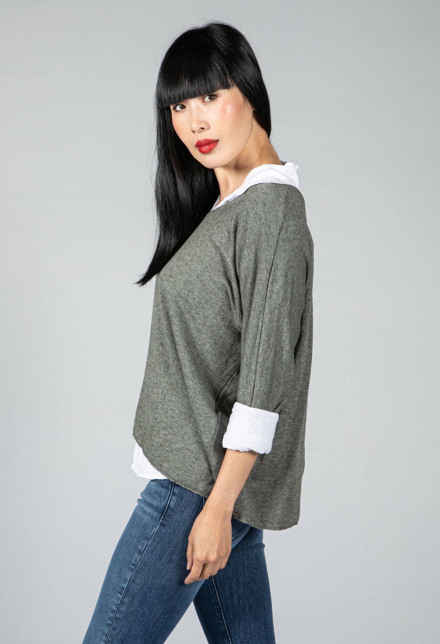 V neck Jumper With Shirt Detail in Moss Green