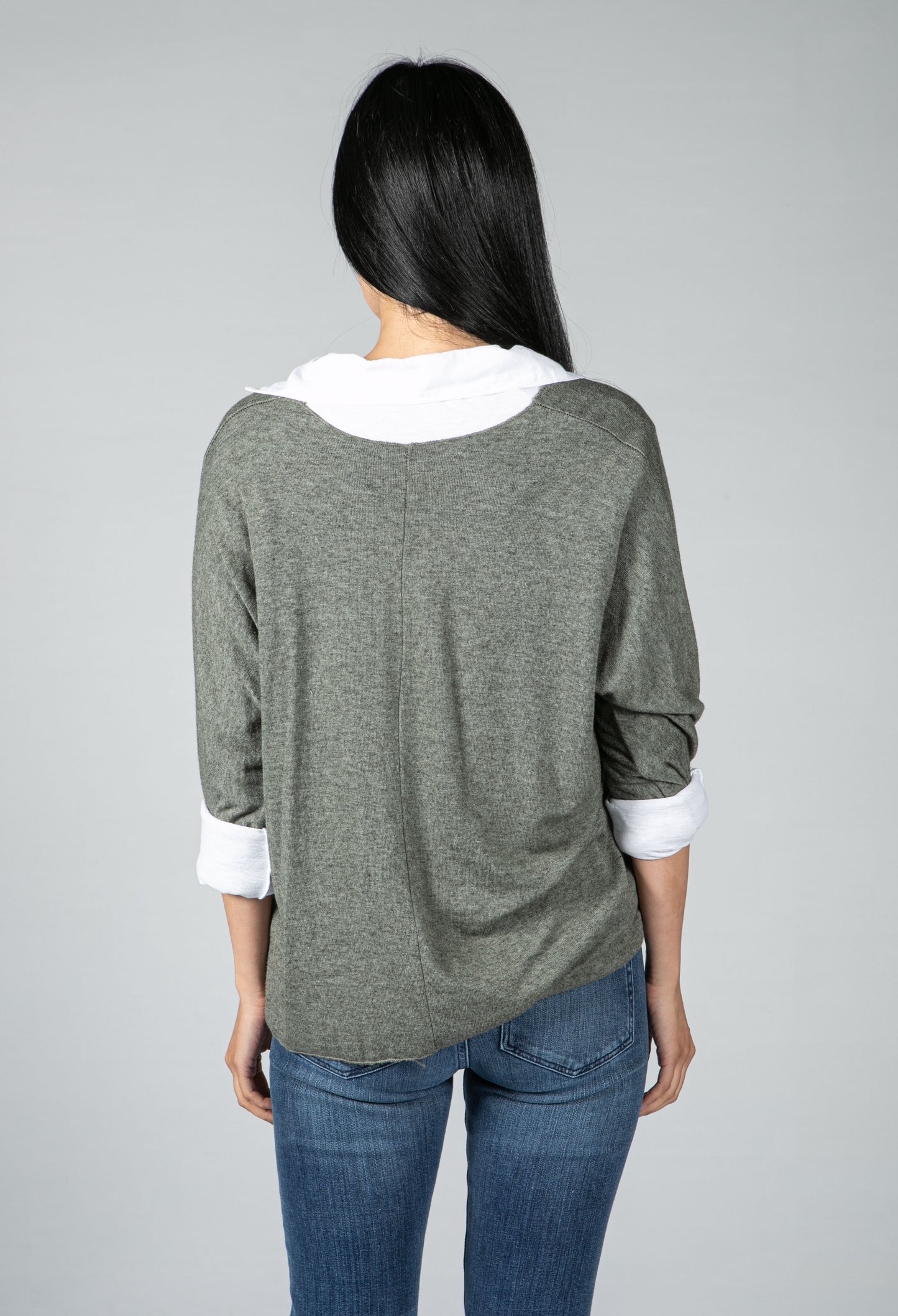 V neck Jumper With Shirt Detail in Moss Green