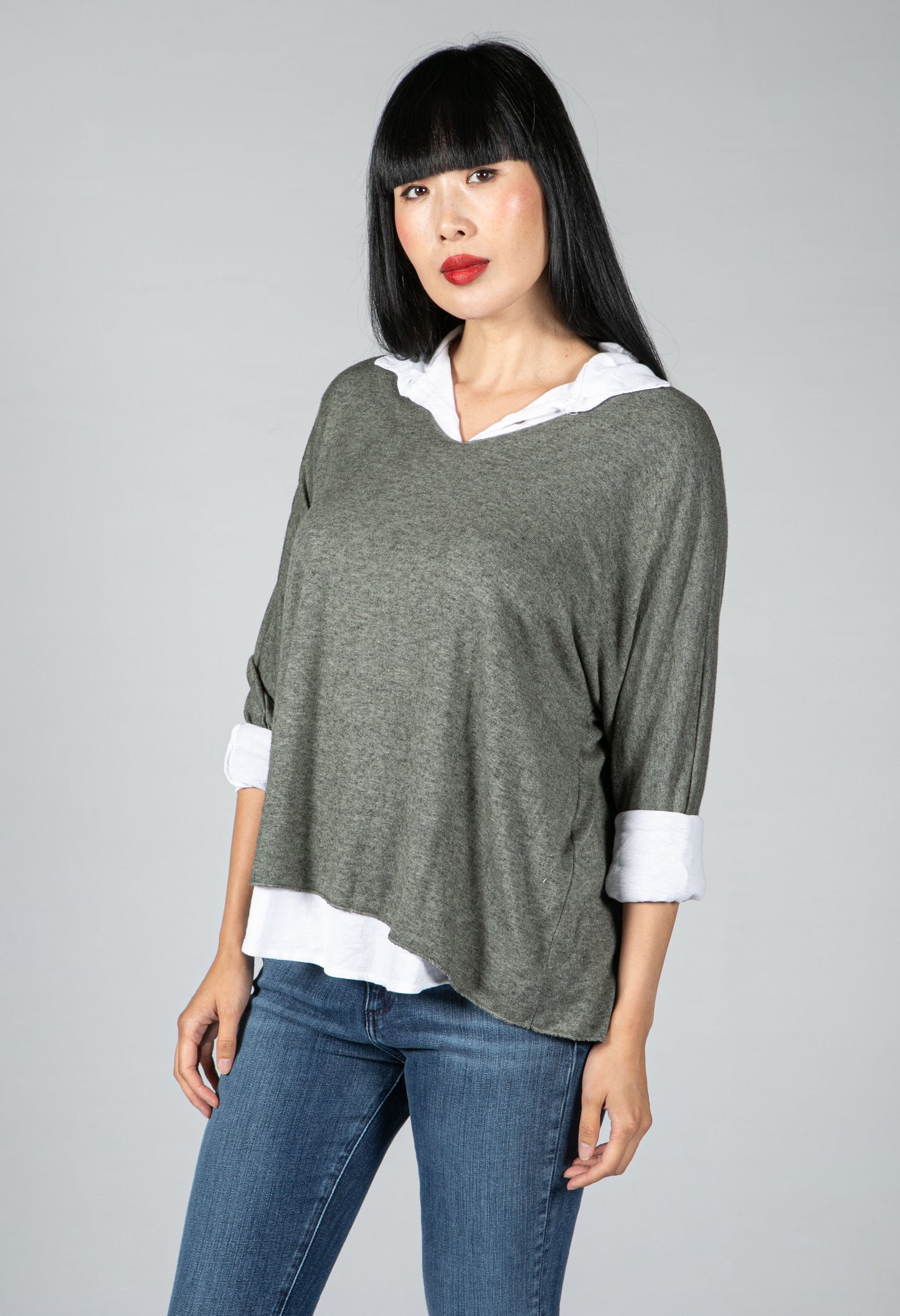 V neck Jumper With Shirt Detail in Moss Green