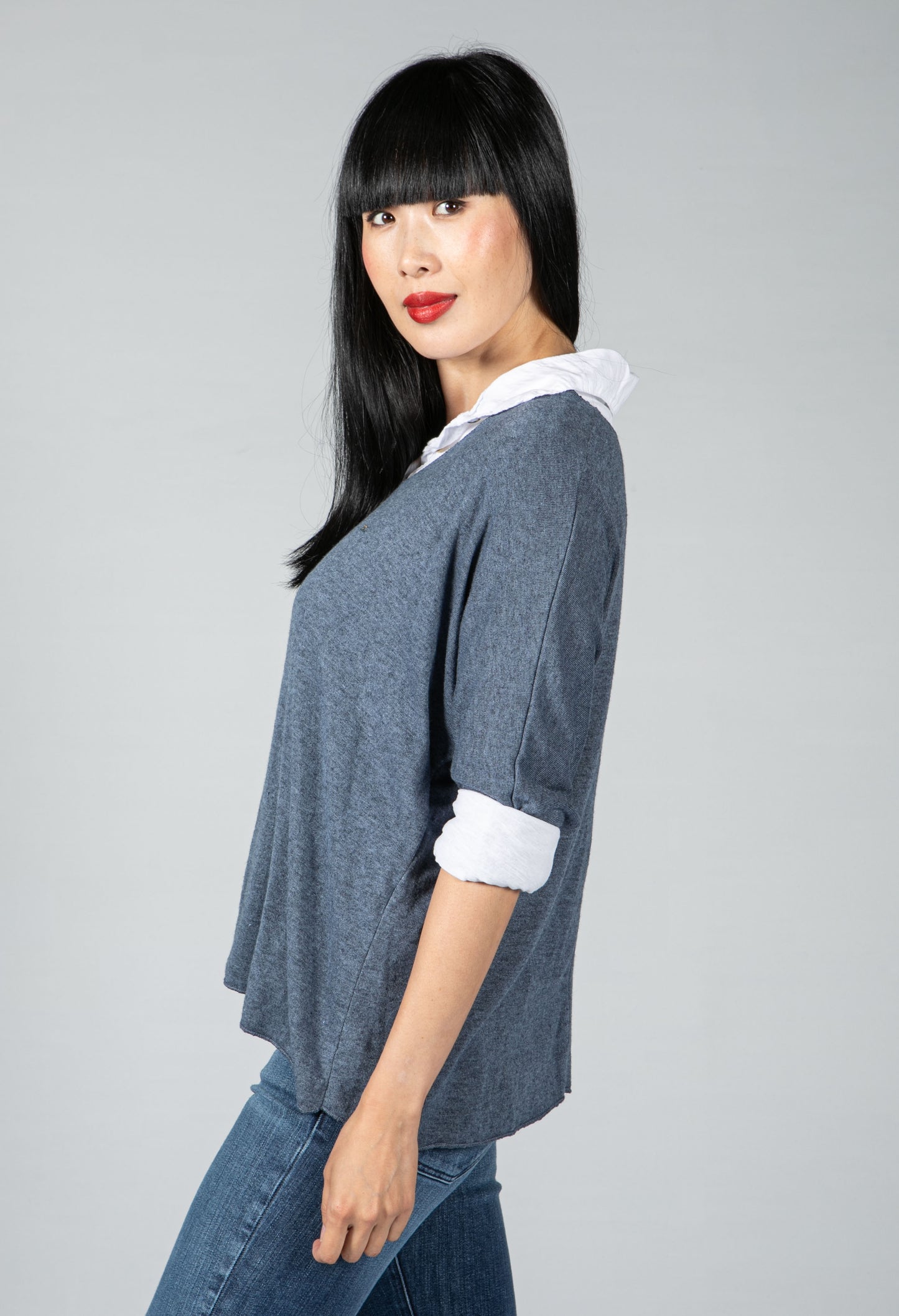 V neck Jumper With Shirt Detail in Blue