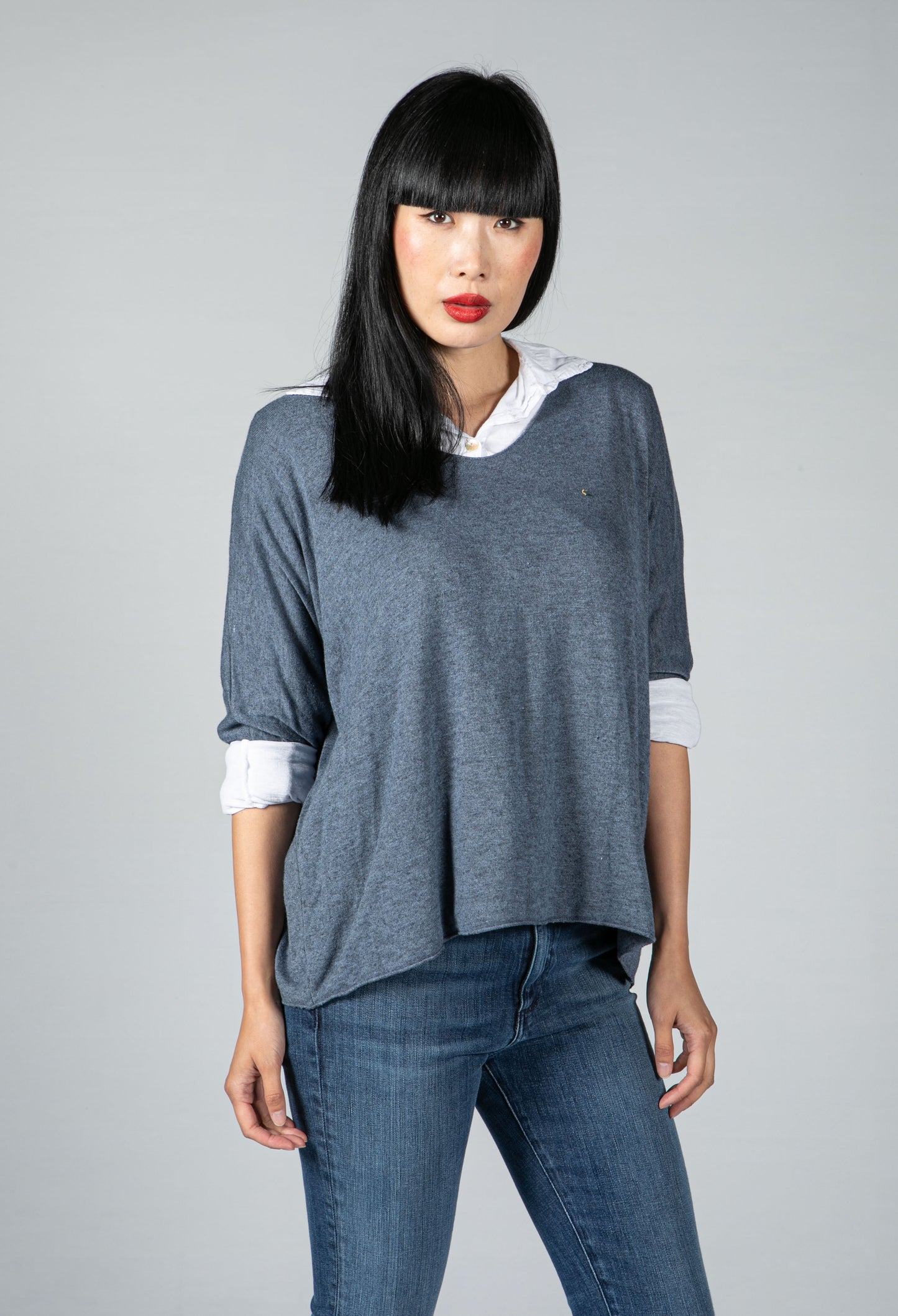 V neck Jumper With Shirt Detail in Blue