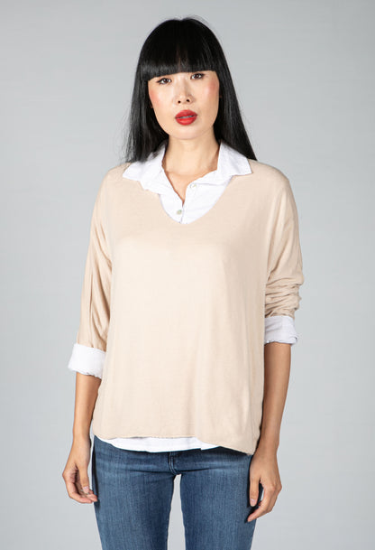 V neck Jumper With Shirt Detail in Beige