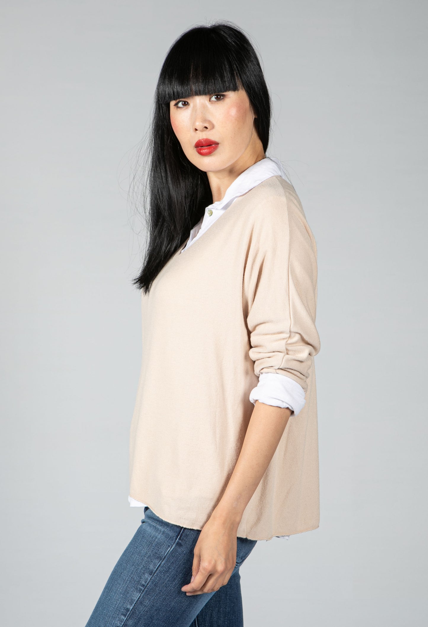 V neck Jumper With Shirt Detail in Beige