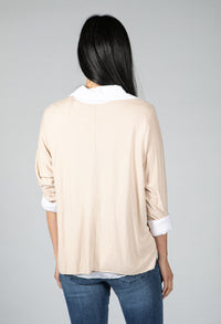 V neck Jumper With Shirt Detail in Beige