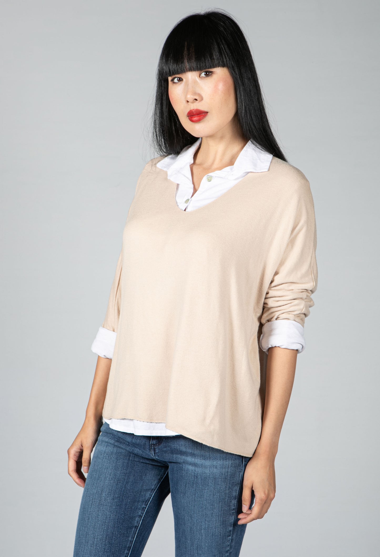 V neck Jumper With Shirt Detail in Beige