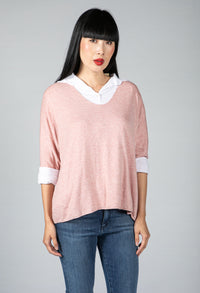 V neck Jumper With Shirt Detail in Blush