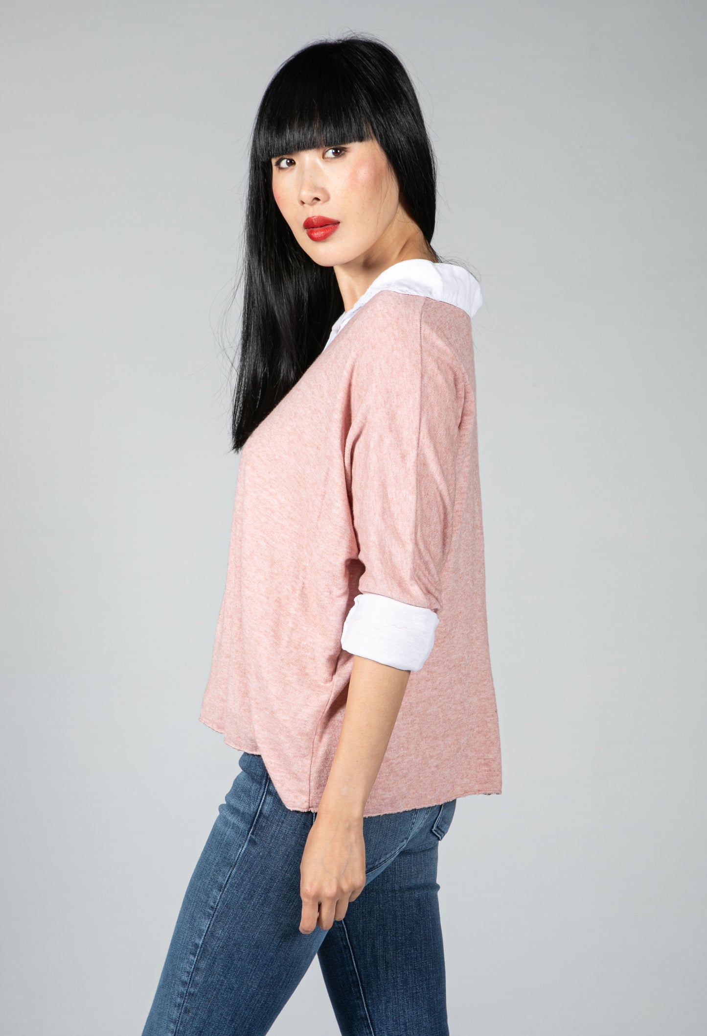 V neck Jumper With Shirt Detail in Blush