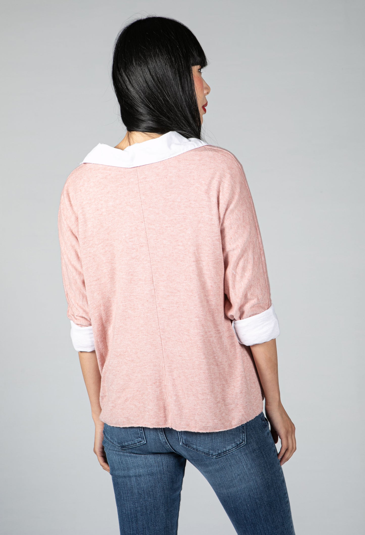 V neck Jumper With Shirt Detail in Blush