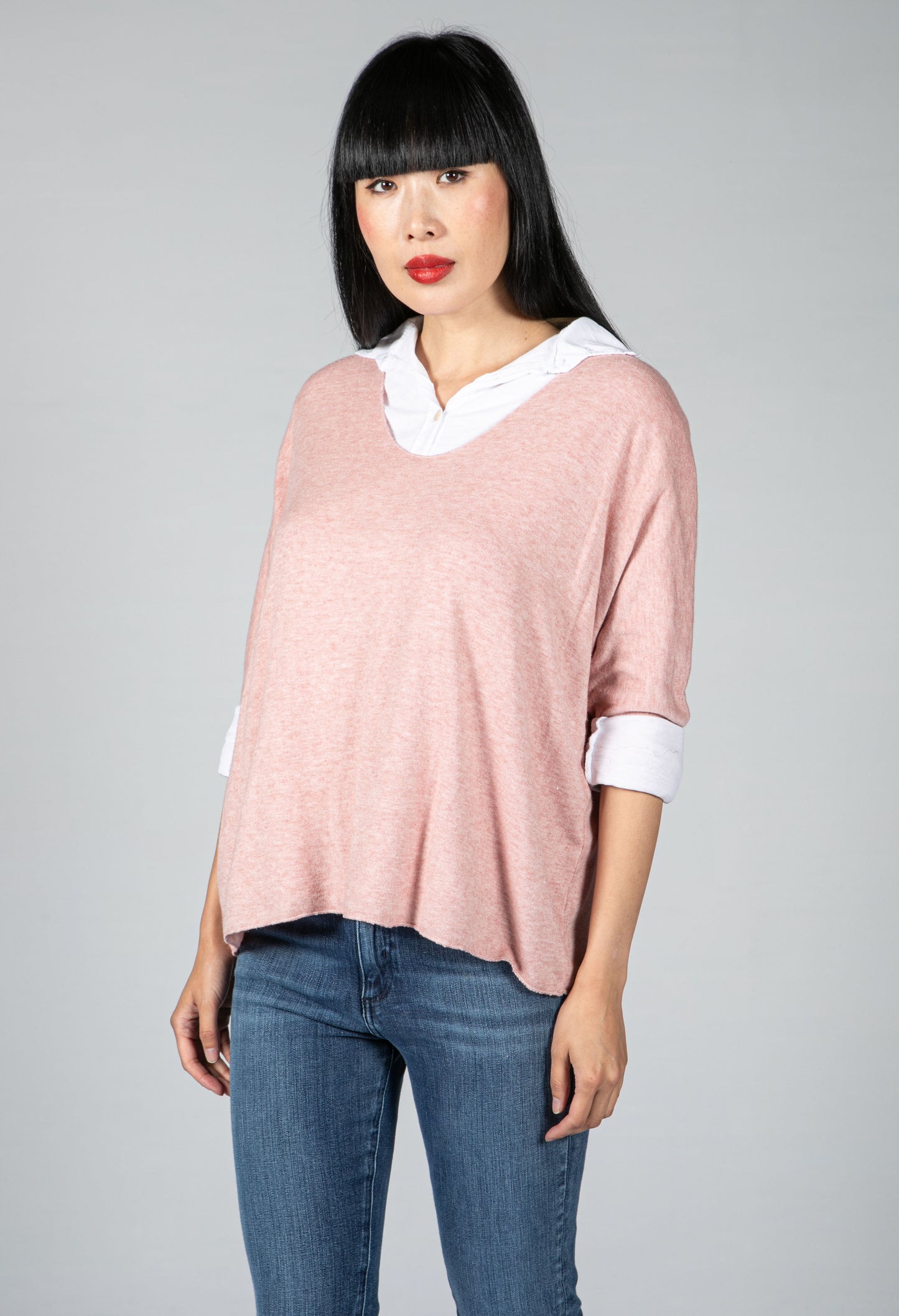 V neck Jumper With Shirt Detail in Blush