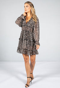 LEOPARD PRINT RUFFLE DRESS WITH LONG SLEEVES