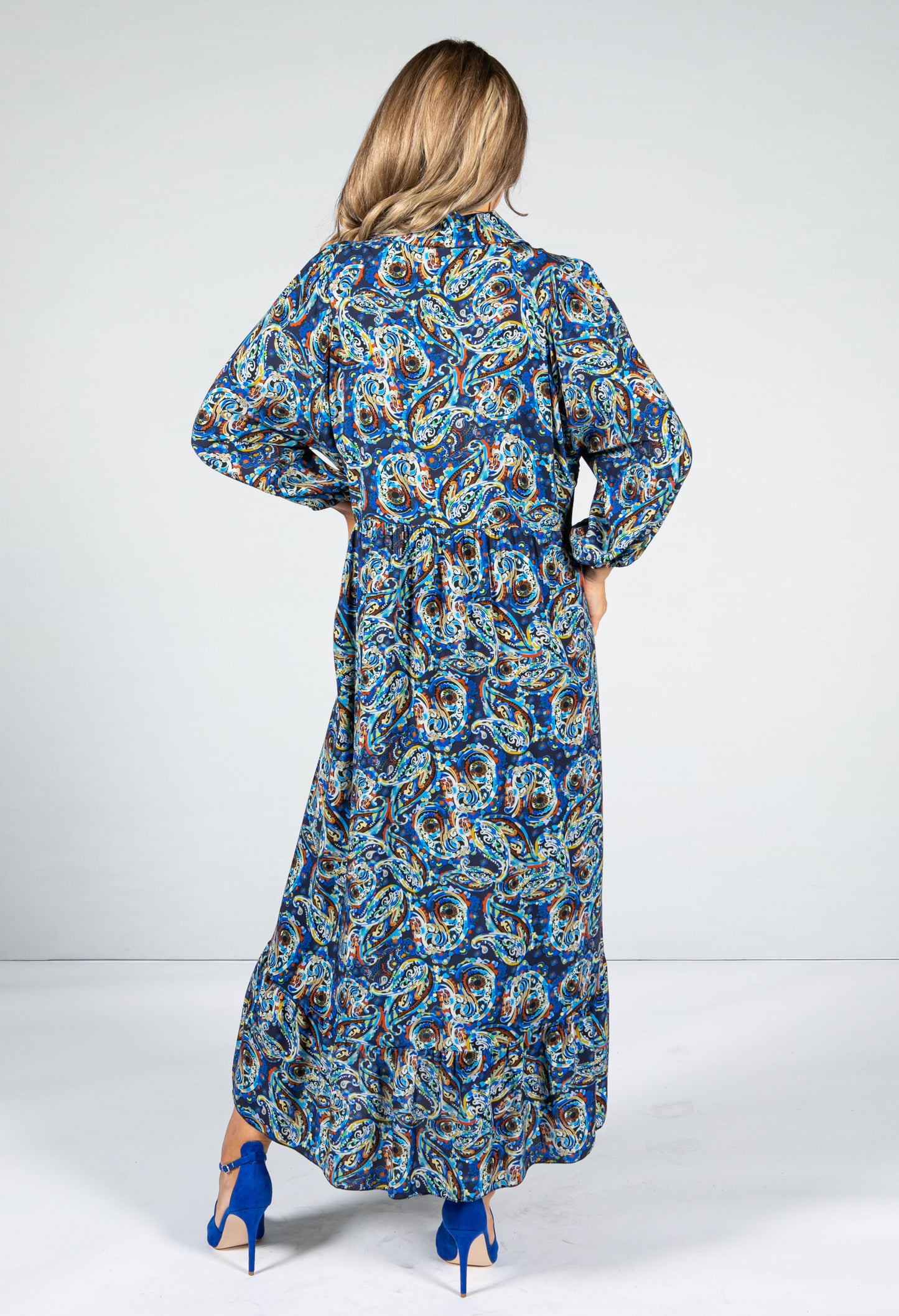 Paisley Pop Print Maxi Dress in Cobalt & Navy