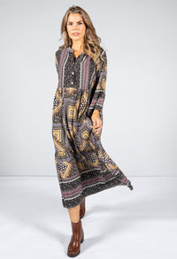 Multi-Print Collarless Maxi Dress in Olive